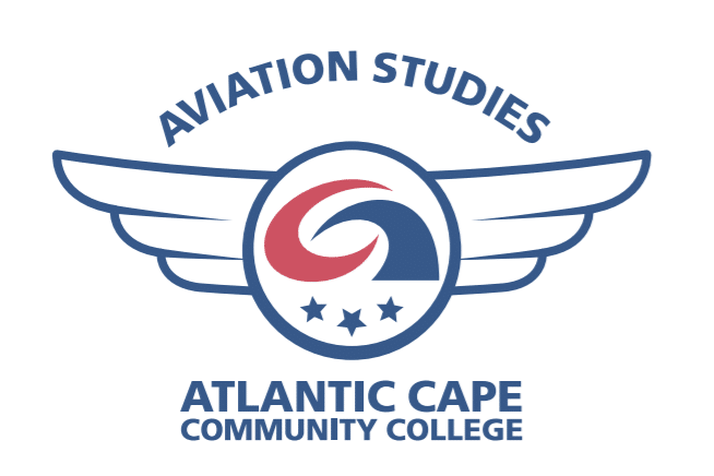 Logo for Atlantic Cape Community College Aviation Studies program, featuring a circular emblem with red and blue swoosh, wings, four stars, and bold program name.