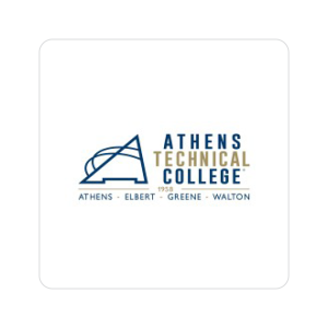 Athens Technical College logo with a blue abstract wing and the college name in blue letters