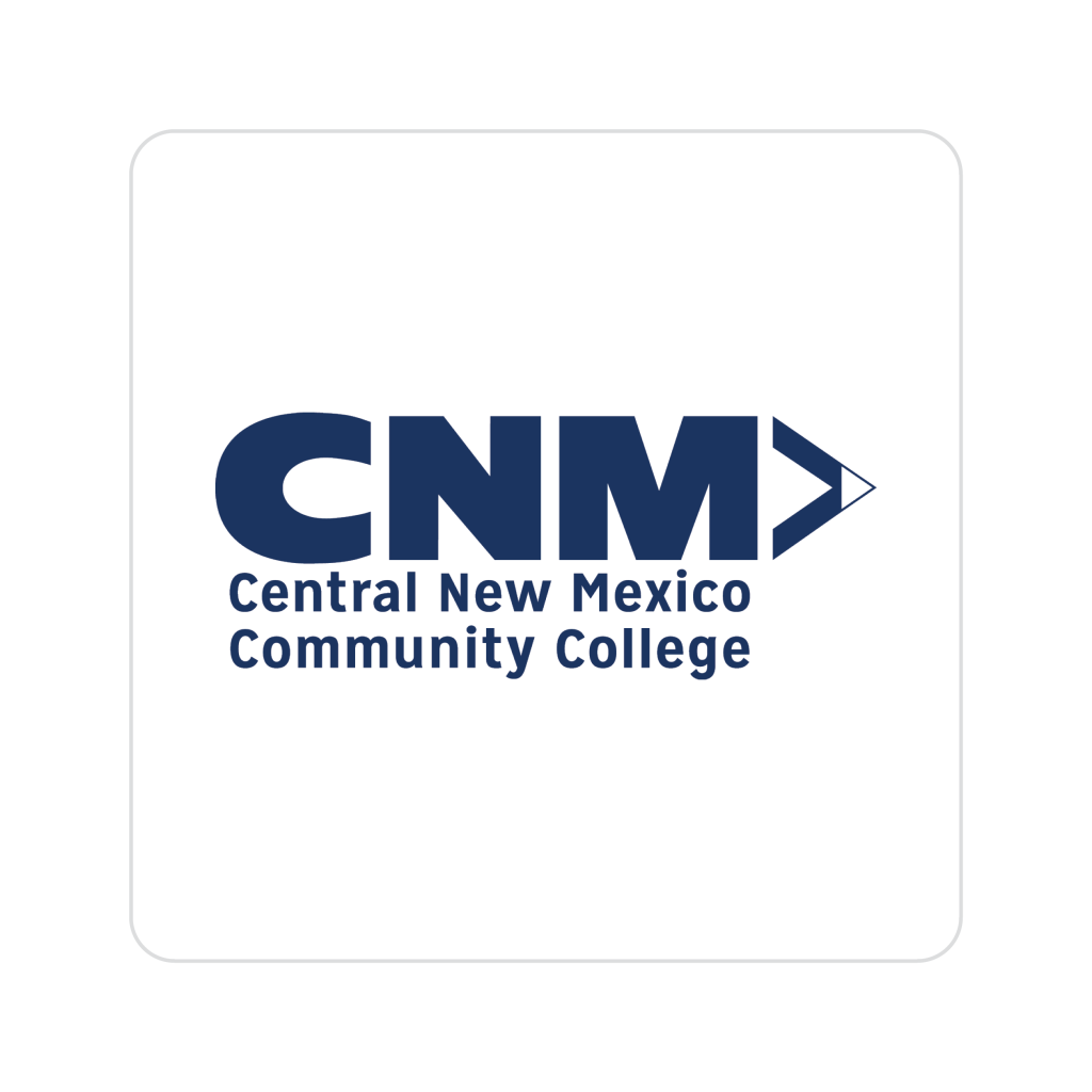 CNM logo for Central New Mexico Community College (blue lettering) on a white rounded rectangle background