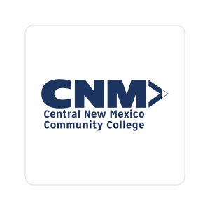 CNM logo for Central New Mexico Community College (blue lettering) on a white rounded rectangle background