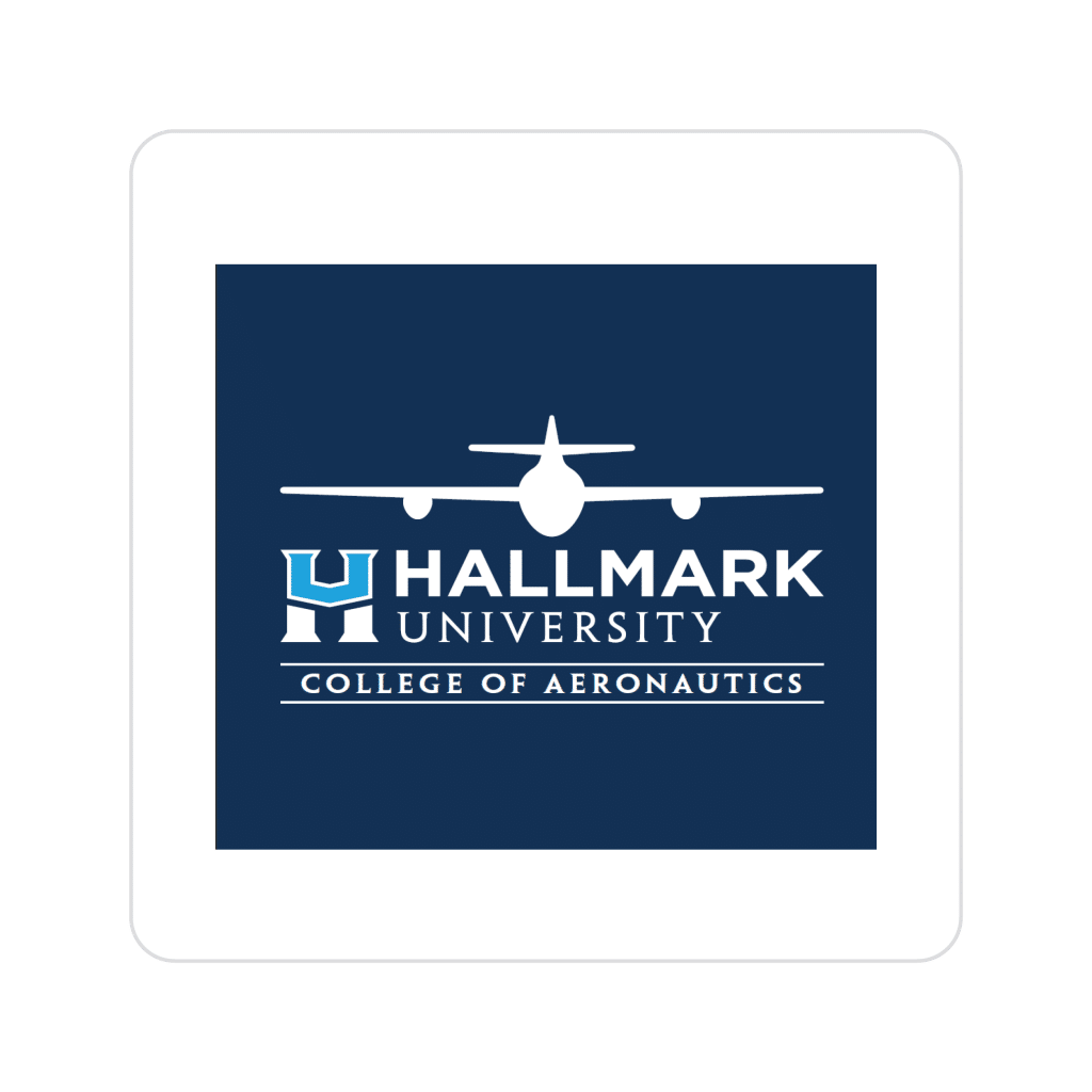 Logo for Hallmark University College of Aeronautics: white airplane icon on a dark blue background with the institution name.