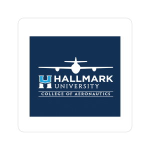 Logo for Hallmark University College of Aeronautics: white airplane icon on a dark blue background with the institution name.