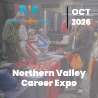 Attendees at a career expo booth with Northern Valley Career Expo branding and an OCT 2026 date overlay.